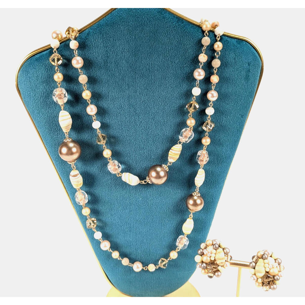 VTG Necklace & Earrings Gold & Cream Bead Crystal Stone Statement Japan Boho 50"